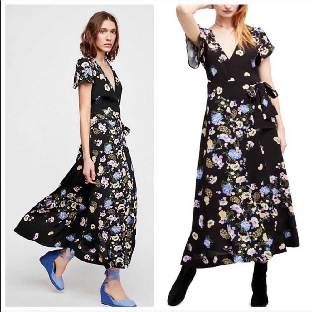 Free People Jess Black Floral Wrap Maxi Dress in‎ Size Extra Small